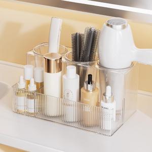 Delamu Hair Tool Organizer, Clear Acrylic Hair Dryer Holder with Detachable 3 Cups, Transparent Wave Design, Ideal for Makeup, Vanity, Bathroom countertop Organizers and Storage, as Christmas Gifts