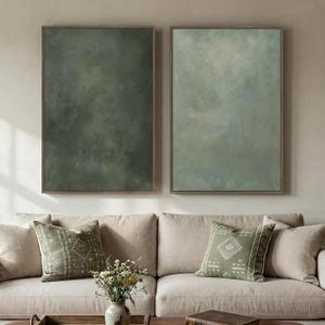 Large Framed Green Abstract Wall Art, 2 Piece Modern Canvas Art Prints Paintings, Minimalist Sage Green Abstract Pictures for Living Room, Hallway, Dining Room, Bedroom, Office Wall Decor 24x36 In, 24" W x 36" H x 2Pcs
