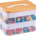 Plastic Stackable Organizer Storage Case with Building Blocks Lids for lego, Storage Containers with Carrying Handle and Adjustable Grid Organizers, 2Layer Orange