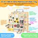 Wooden Busy Board with LED Light Montessori Baby Learning Toys for Toddlers , Sensory Activity Board, Travel Educational Toys, Boy & Girl Birthday Gift (Silver Handle)