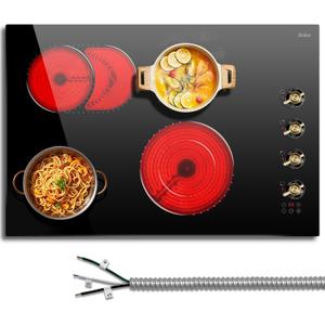 Hobsir 30 Inch Electric Cooktop, Knob Control Built-in Electric Stove with 4 Burners, 30 in Ceramic Stove Top Burner, Cooktop with Glass Protection Metal Frame, 220-240v 6700W, Hard Wired(No Plug)