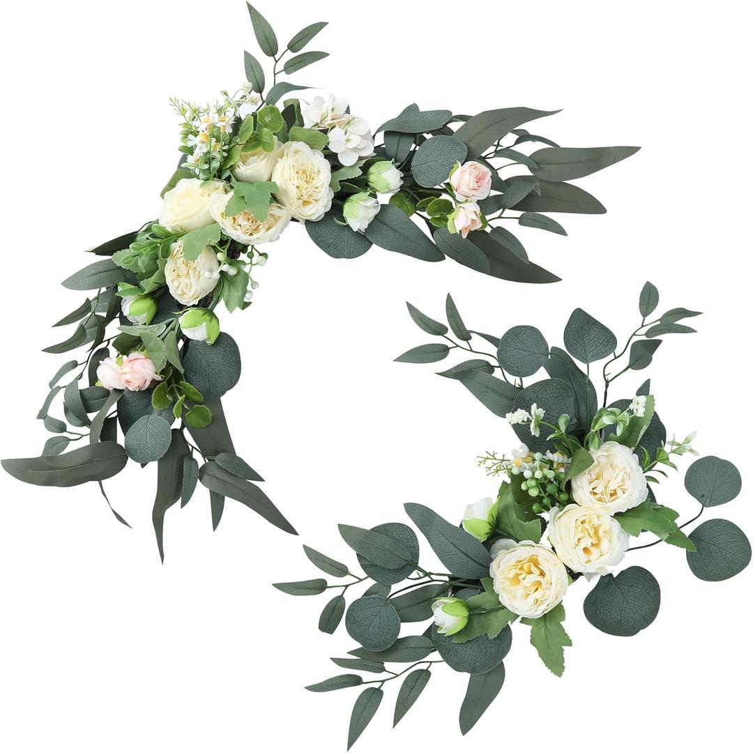 H&W 2pcs Small Size Artificial Wedding Arch Flowers for Wedding Sign, Floral Swag Dusty Decor for Reception Ceremony Backdrop Sweetheart Table (Champagne Colored Peony)