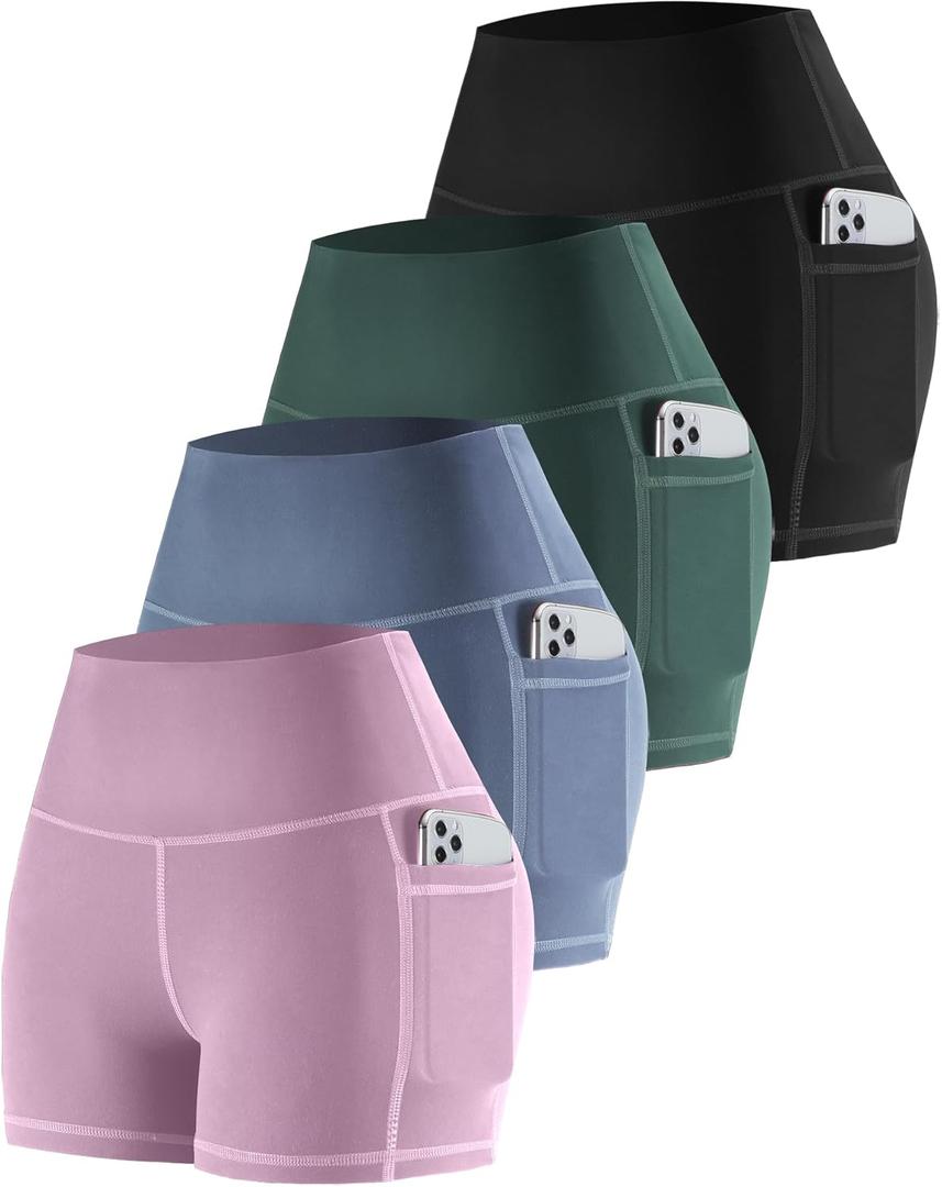 CHRLEISURE Womens Biker Yoga Shorts with Pockets: High Waisted Tummy Control Spandex Workout Athletic Gym Shorts 4 Packs (Medium, 4 Packs - Black/Lilac Pink/Steel Blue/Teal)