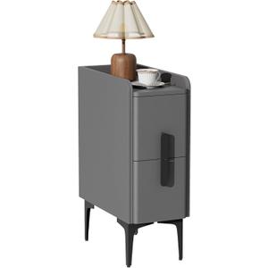 VICITON Narrow Nightstand with 2 Drawers, Narrow Side Table Leather Surface, Slim Bedside Table for Bedrooms, Dormitories, Living Rooms (Light Gray, 15.7" D x 7.8" W x 22.4" H)