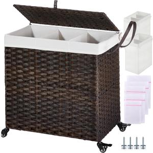 GREENSTELL Laundry Hamper with Wheels&Lid, 130L Large 3 Sections Clothes Hamper with 2 Types Removable Liner Bags, 5 Mesh Laundry Bags, Handwoven Divided Laundry Basket Brown