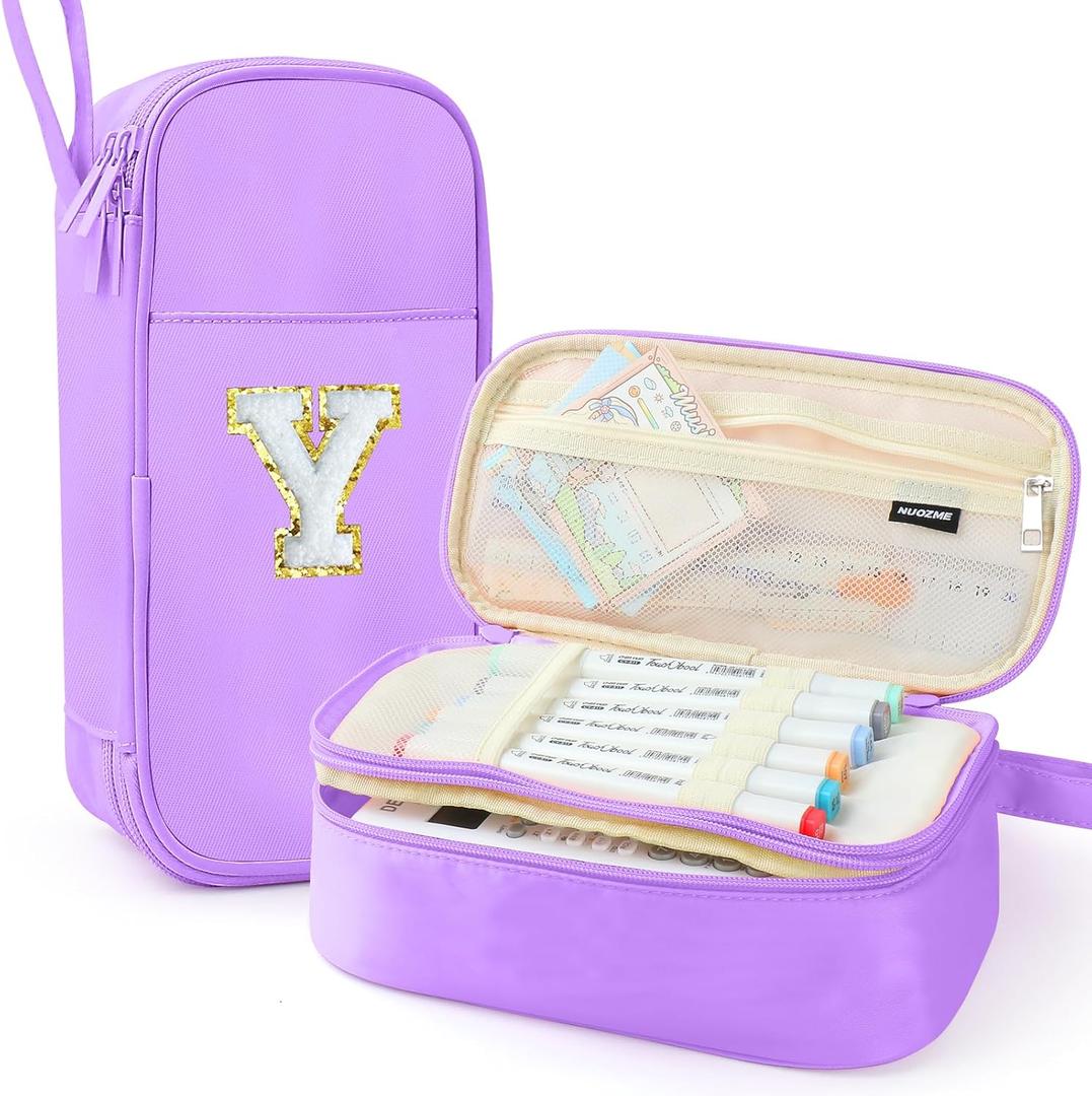 Large Pencil Case,Big Capacity Pencil Pouch,Personalized Initial Pencil Bag with smooth zipper,Multiple Pockets,Cute Aesthetic Stationery Pen Case Bag for Teen Girls College (Purple, Y)