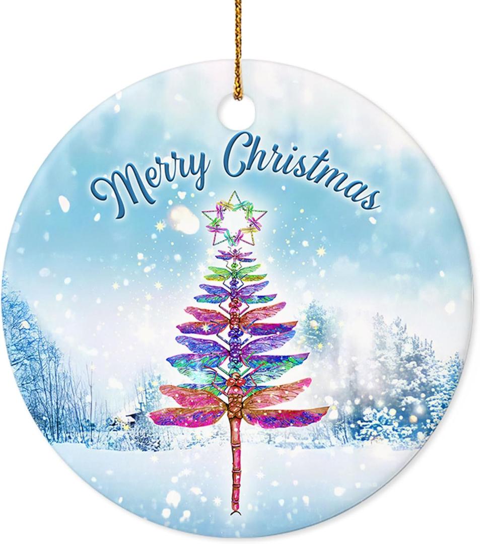 Christmas Ornament - Merry Christmas Dragonfly Tree Ceramic Ornament, Dragonfly Ornament, Gift for Nature Lovers, Friends, Family, and Holiday Home Dcor