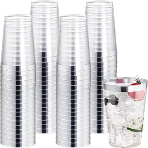 I00000 50 Pack 12 oz Silver Plastic Cups, Silver Rimmed Disposable Cups, Party Wine Glasses Disposable Cocktail Glasses Heavy Duty Cups with Silver Rim, 12 Ounce Plastic Tumblers For Party