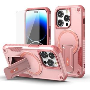 Asuwish Phone Case for iPhone 14 Pro 6.1 inch with Tempered Glass Screen Protector and Slim Magnetic Magsafe Rugged Stand Hybrid Cell Cover iPhone14Pro 5G i i-Phone i14 iPhone14 14Pro Women Men Pink