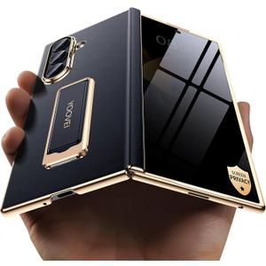 for Galaxy Z Fold 7 Case Luxury Leather with Privacy Screen Protector [Hinge Protection] Hand Strap Kickstand & Wristband Holder for Samsung Zfold 7 Case Black