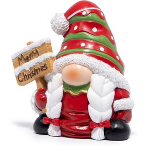 Hodao Christmas Gnome Girl Figurine  Resin Indoor Decorations for Home, Cute Holiday Decor with Braids & Merry Christmas Sign, 4-in Mini Tabletop Ornaments, Gift for Families, Mantel & Tiered Tray