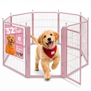 Freepet 32 Inch Pink Dog Playpen, 8-Panel Metal Pet Exercise Pen with Door, Foldable Indoor Outdoor Puppy Fence for Medium Dogs (Pink, 32inch)