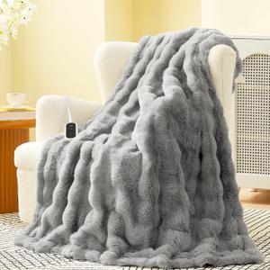 Amlie Home Heated Bubble Faux Fur Blanket Electric - 50"x60" Heating Blanket Throw 2/4/6/8 Hours Auto-Off 8 Heat Level Over-Heat Protection Electric ETL Certification Grey