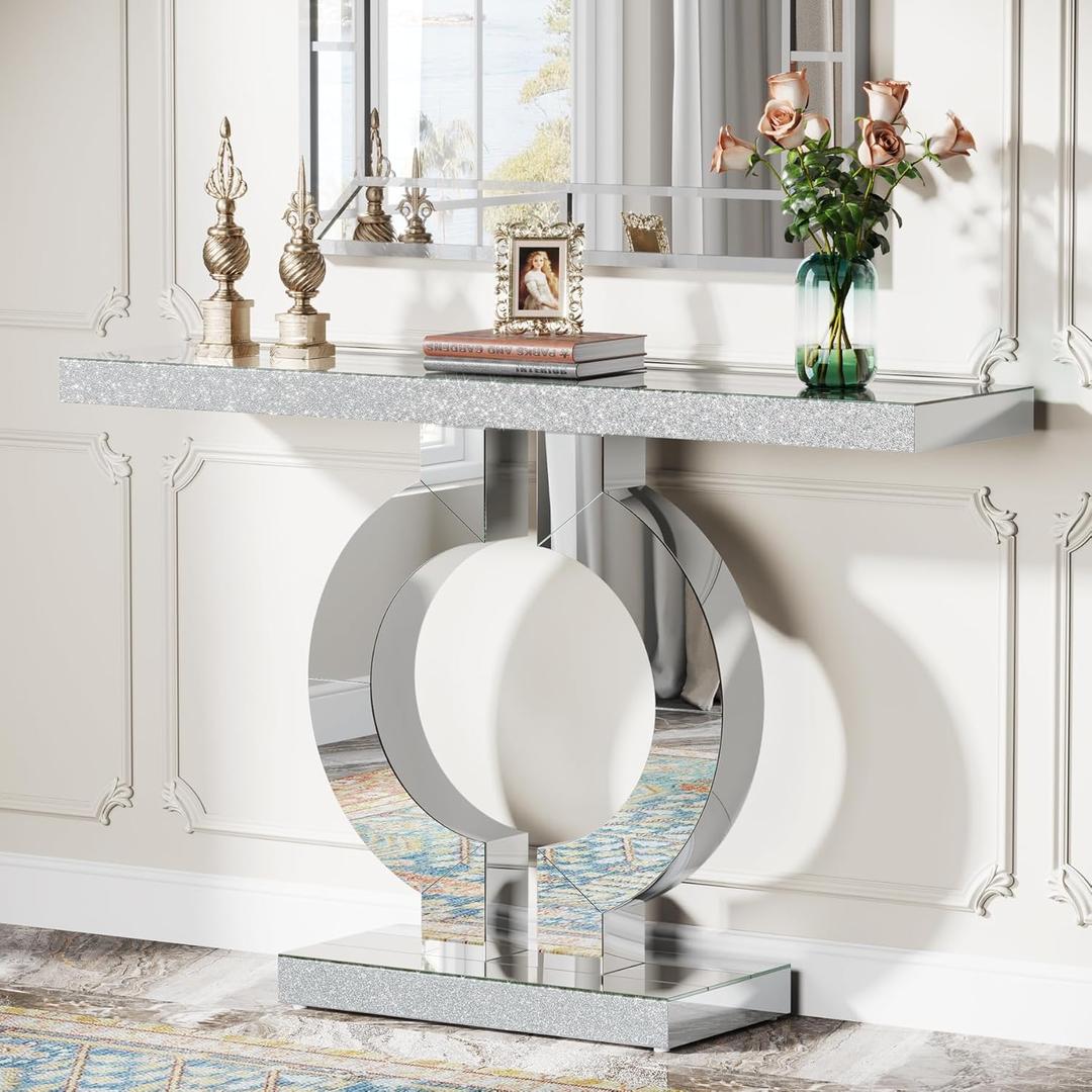 Tribesigns 43-Inch Mirrored Console Table with O-Shaped Base, Modern Entryway Table Glass Sofa Table with Mirror Finish, Rectangle Narrow Accent Foyer Table for Living Room Hallway Entrance (Silver)