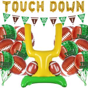 4 x Football Party Supplies Kit - Touchdown Letter Balloon, Goal Post & Football Shaped Foil Balloons, Round 'Touchdown!' Foil Balloons, and Banner for Birthday, Game day, Tailgate Party Decorations