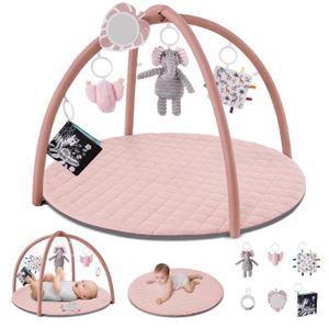 Blissful Diary Baby Play Gym Mat, Tummy Time Activity Mat with 6 Detachable Toys for Skill Development, Baby Essentials Gift, Soft Pink