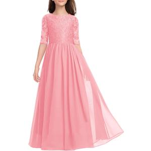 HOSIKA Flower Girls Dress Lace Chiffon A-Line Swing Pleated Dance Gown Wedding Bridesmaid Maxi Dresses Pink 6-7 Years