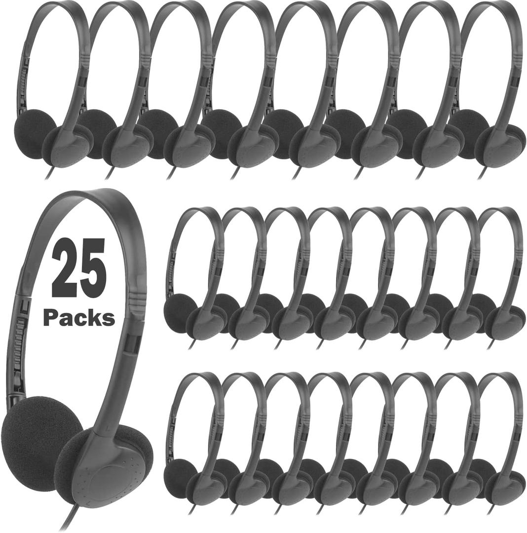25 Pack Bulk Headphones Earphone Earbud for Classroom Kids, Wholesale Wired Adjustable On Ear Headphones for Students, Schools, Libraries, Museums, Hotels, Hospitals and More(LS04,25 Black)