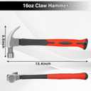 16OZ Claw Hammer with Fiberglass Handle, Drop Forged Claw Hammer, All Purpose Hammer, Smooth Face, Shock-Absorbing Grip