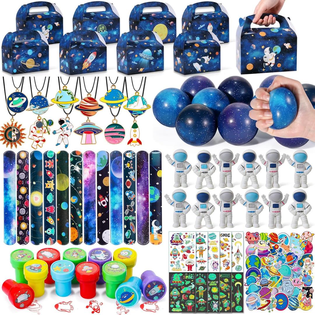 Golray 134 Pcs Space Party Favors with Box Stress Balls Erasers Luminous Tattoos Stamps Necklaces Bracelets, Outer Space Birthday Decorations Gift Goodie Bag Stuffers Astronaut Toys for Kids Boys Girls