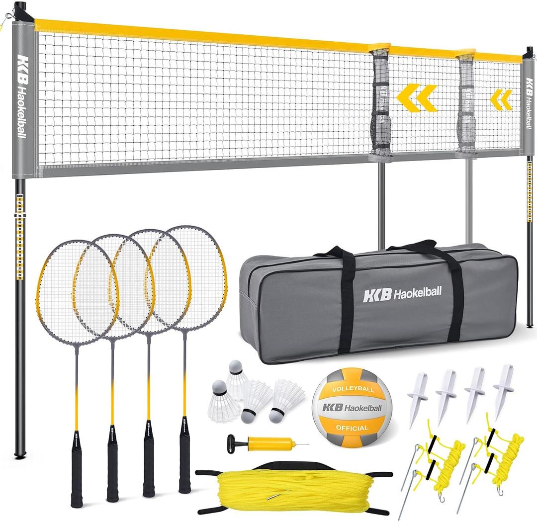 Haokelball Badminton Volleyball Net Set Combo Adjustable Width 20-32ft & Height, with Rackets, Shuttlecocks, Volleyball, Boundary Line, Carry Bag Badminton Sets for Backyards, Outdoor, Grass, lawn