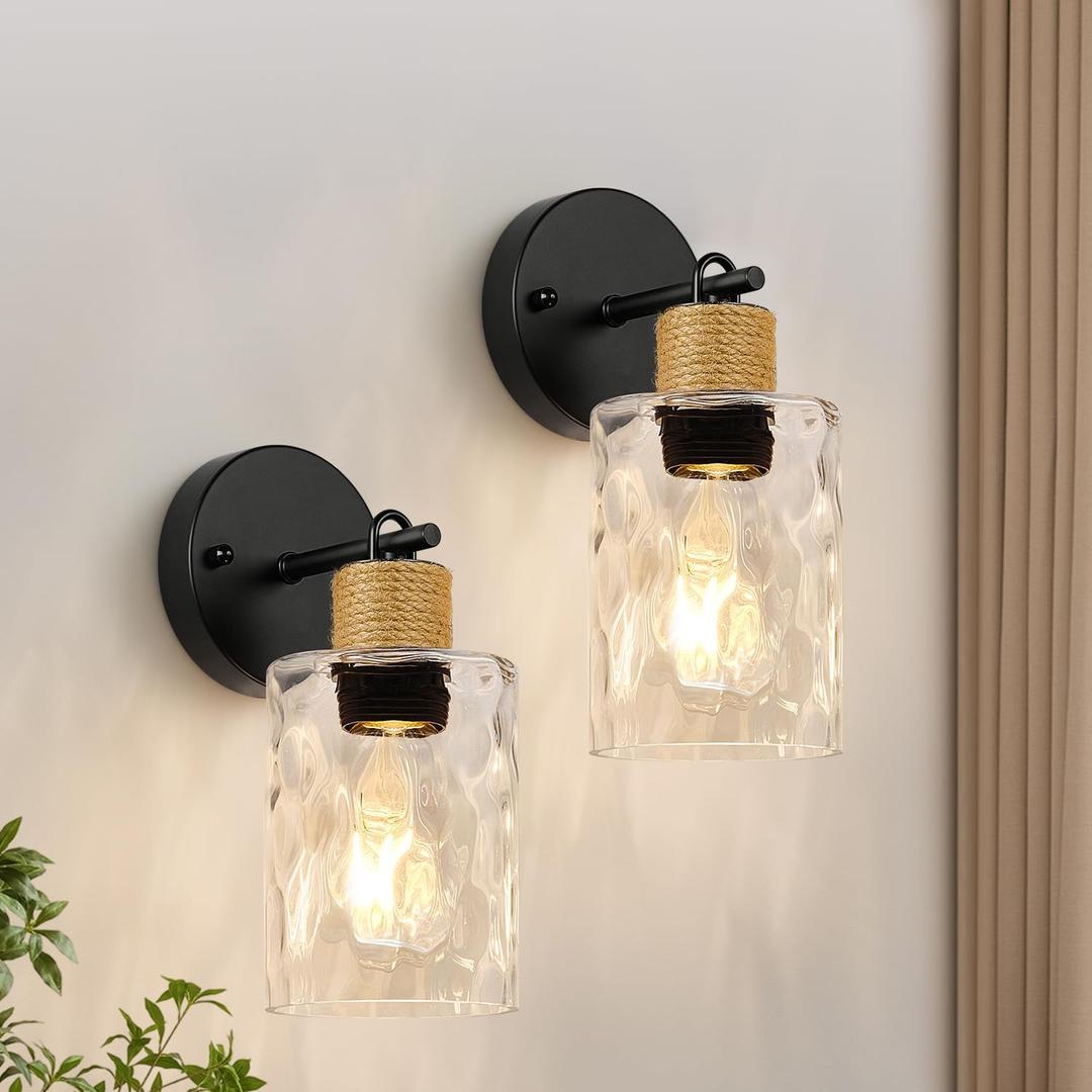Set of 2 Wall Sconces for Bathroom, Coastal Modern Vanity Lights with Clear Glass Shade, Black Bathroom Wall Lamp for Mirror Kitchen Living Room Hallway Cabinet Porch
