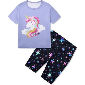 Girls Summer Outfits Cute Graphic Crewneck Short Sleeve T Shirts and Biker Shorts Set Colorful Athletic Outfit 11-12T