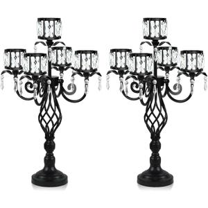 23.2 inch Tall Elegant and Chic Black 5 Arm Pendant Crystal Candlestick Holder Table Decoration tealight Candle Holder, Candelabra for Gorgeous Wedding/Parties Table Centerpiece (2, Black)