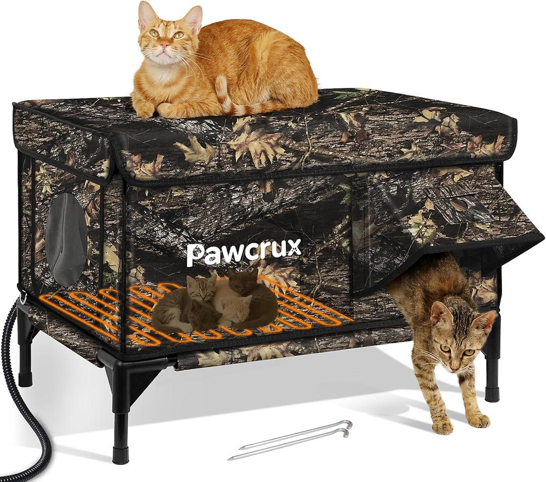 Weatherproof Heated Cat House for Outdoor in Winter, Heated Cat Bed Kitty Shelter with Cat Heating Pad, Insulated & Safe Escape Door, Warm House for Outside Stray Cat(Leaf Color, 17.7"x25.5"x17.9")