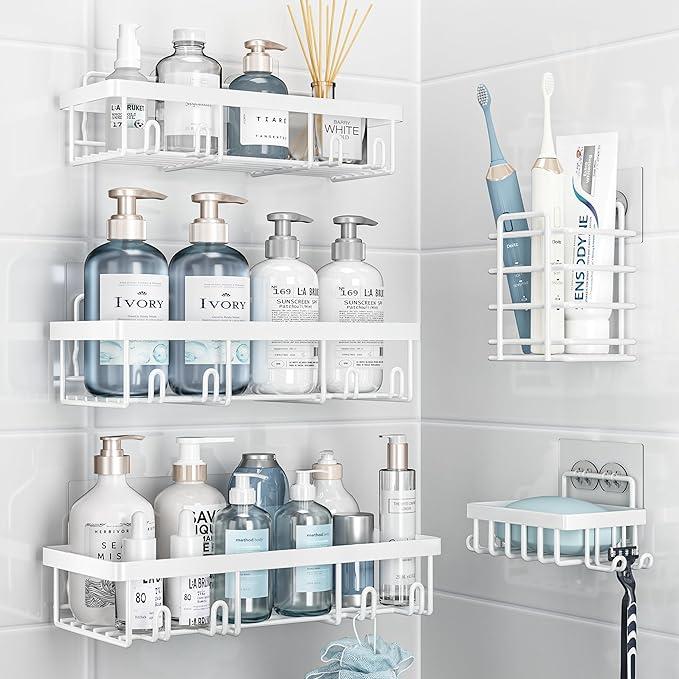 Liuoud 5 Pack Shower Caddy Organizer Rack Shelf for Inside Shower, Self Adhesive Wall Storage Basket Rustproof Stainless Steel Shampoo Holder Bathroom Accessory Decor Set, White
