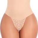 Werena Tummy Control Thong Shapewear for Women Mid High Waisted Body Shaper Underwear Lace Shaping Thong Girdle Panties (X-Large, Beige)