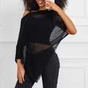 Women Sheer Poncho Top Knit Crochet Lightweight See Through Shawl Summer Shrug Beach Cover Up (Black, M)