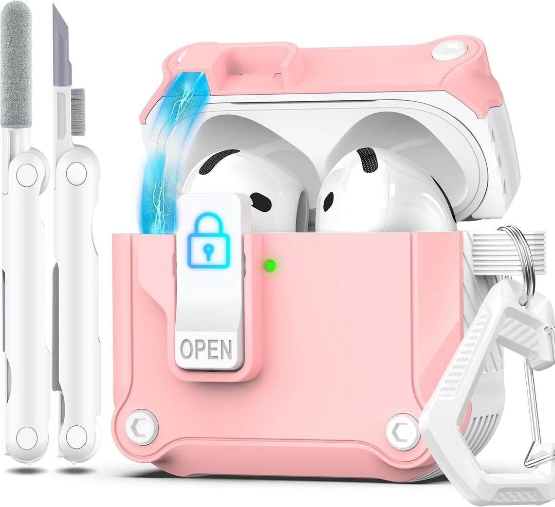 R-fun Compatible with AirPods 4th Gen Case, Full Drop Protection Auto Pop-Up Lid and Lock Design with Cleaner Kit and Keychain for AirPods 4 2024-White/Pink