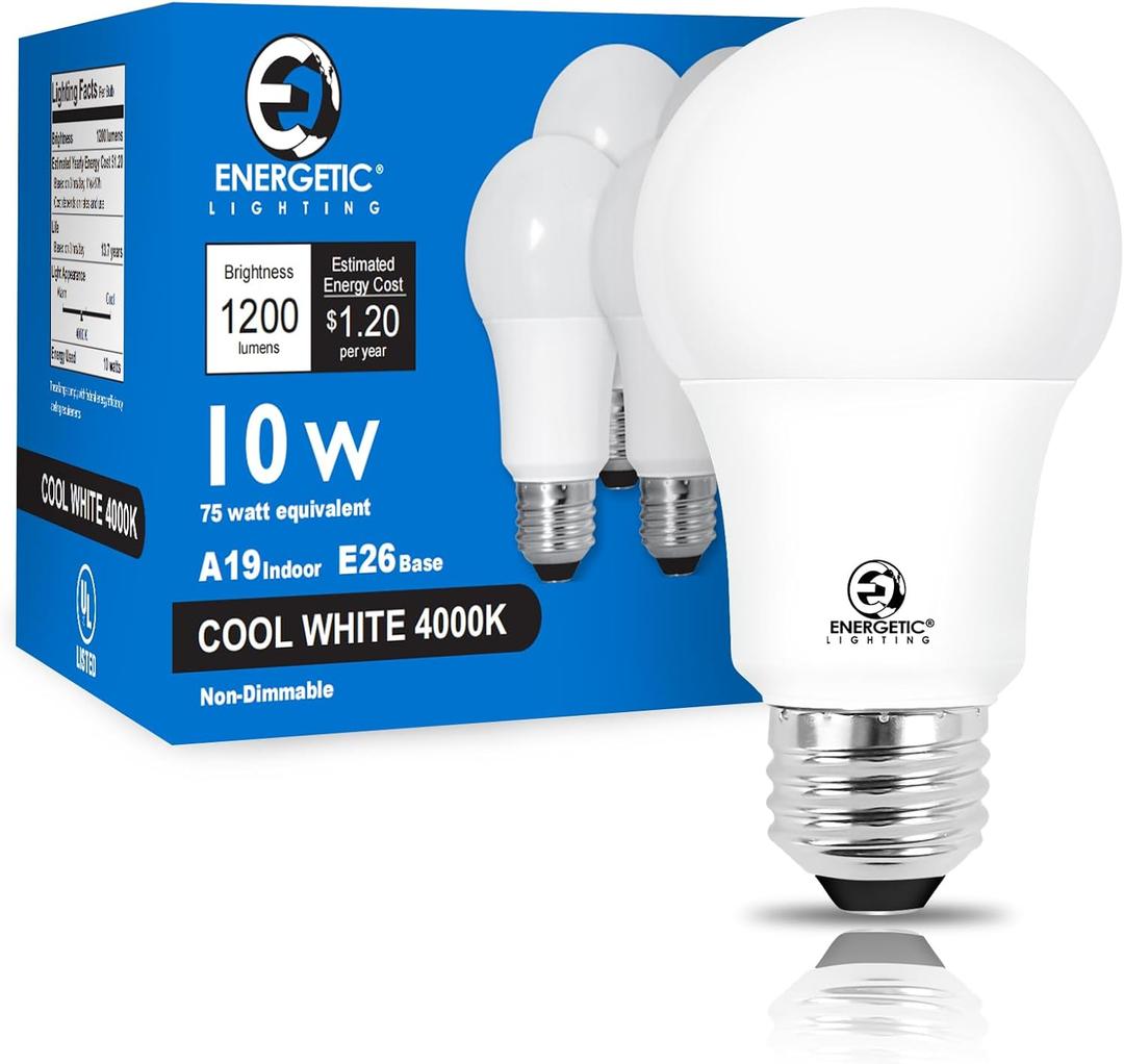 E ENERGETIC LIGHTING 75 Watt Light Bulbs, Super Bright 1200LM, Cool White 4000K LED Light Bulb, Non-Dimmable, E26 Standard Base, UL Listed, 8 Packs