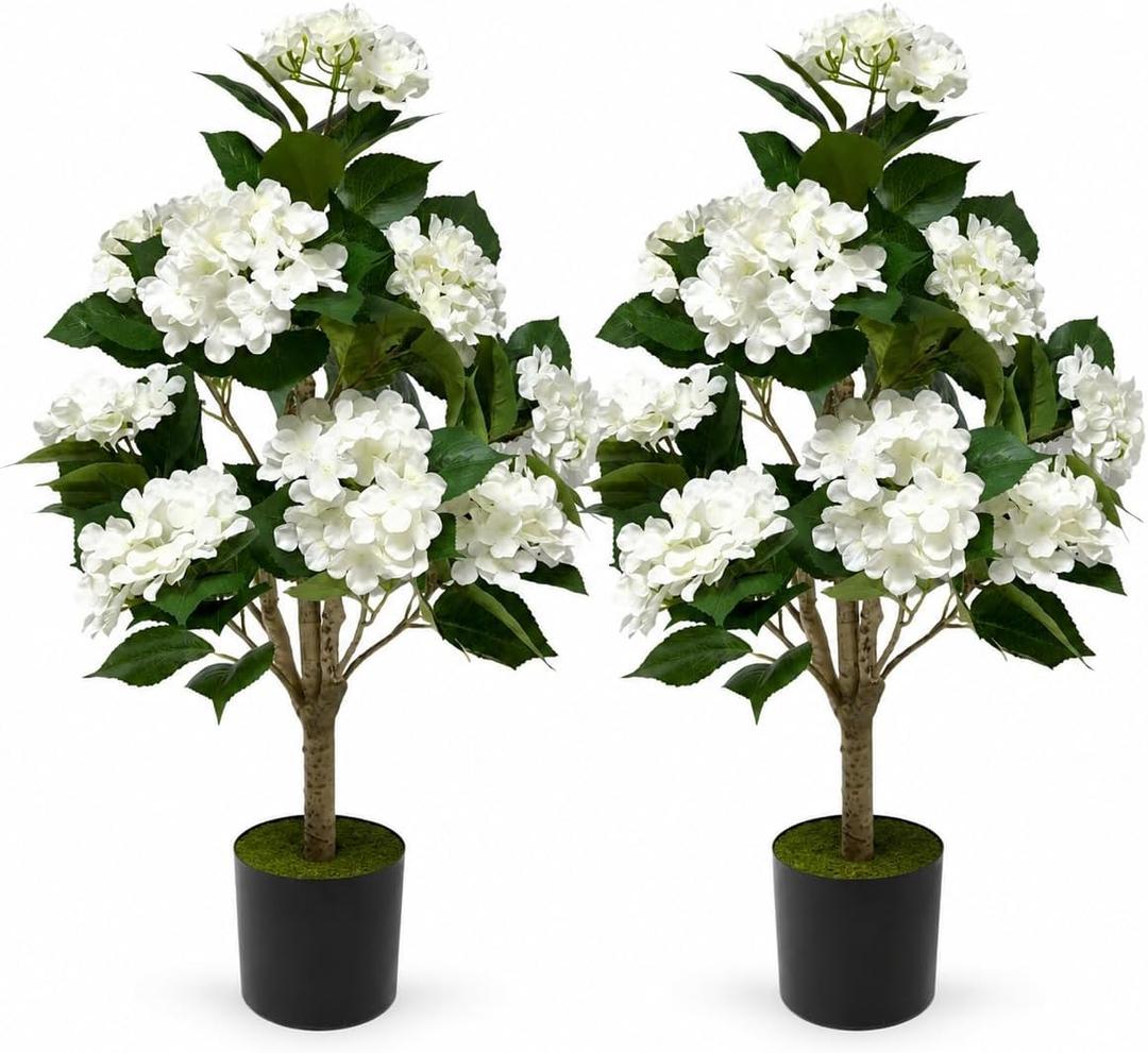 Faux Hydrangea Tree 3ft Set of 2 with White Flowers in Pot | Realistic White Hydrangea Blooms,UV Resistant,Potted Flower Tree with Moss,Low Maintenance,for Indoor Outdoor Porch Decor