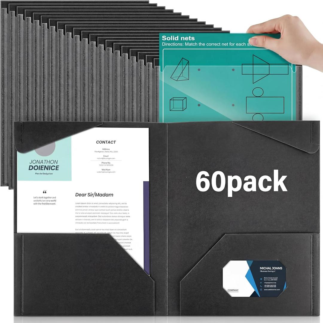 Henoyso 60 Pack Plastic Folders with Clear Front Pockets Heavy Duty File Folders with 2 Pockets and Card Slot for Classroom, School & Office Bulk Supply (Black)