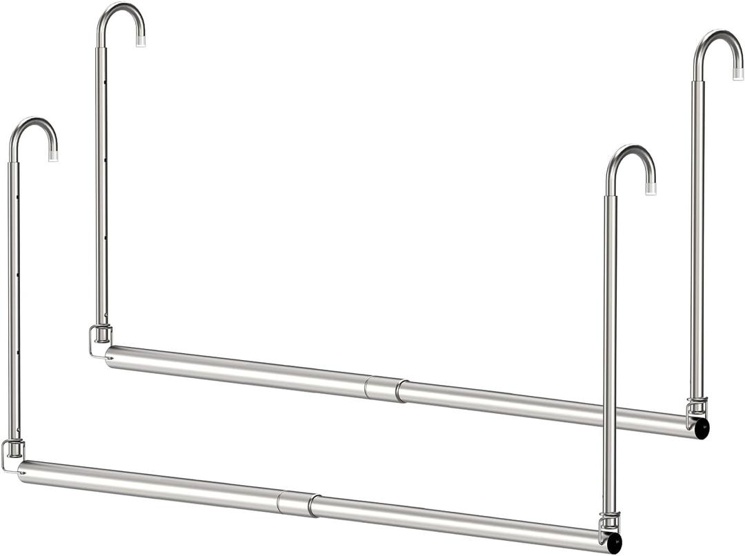 Hanging Closet Rod, 2 Pack Adjustable Width and Height Closet Rods for Hanging Clothes, Premium Stainless-Steel Closet Rod for Ultimate Space Optimization, for Hanging and Drying Clothes, Silver