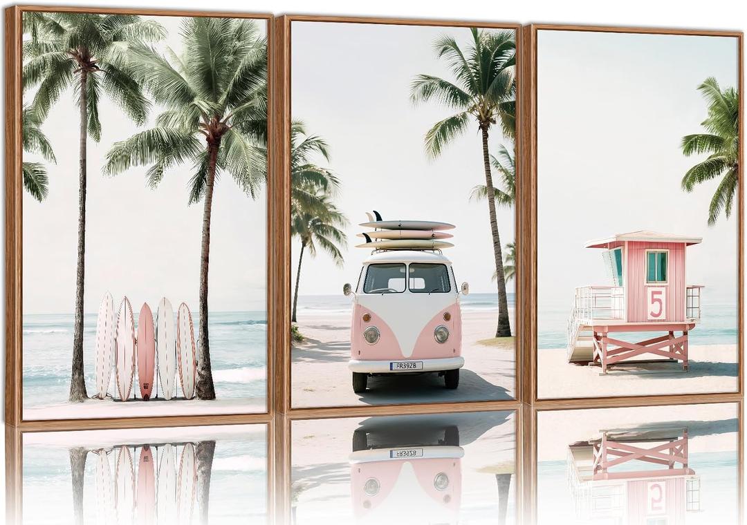 KYLESONLIE Tropical Beach Themed Framed Canvas Wall Art, Pastel Girly Surfboard Wall Decor, Relaxing Hawaii Palm Tree Posters, Coastal Beachy Art Paintings for Girls Bedroom Living Room Dorm 16"x24"x3