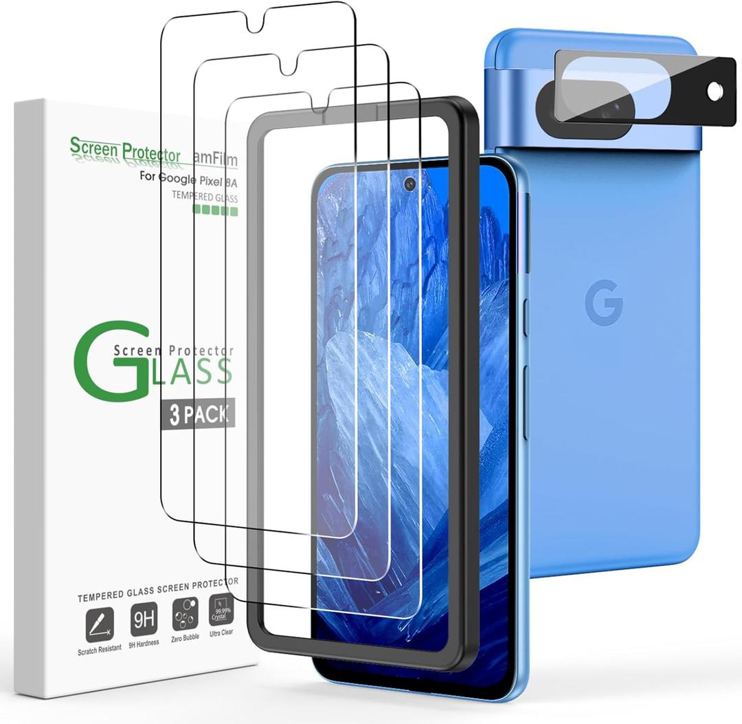 amFilm 3+1 Pack for Google Pixel 8A Screen Protector Tempered Glass, Ultrasonic Fingerprint Compatible, with Easy Installation Frame, Anti Scratch, Bubble Free, Case Friendly