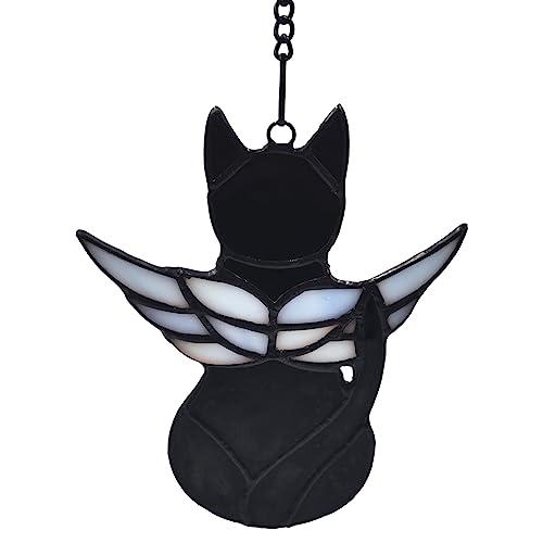 FLUFFYCAPTAIN Handcrafted Stained Glass Black Angel Cat Suncatcher - Pet Memorial Gift with Colorful Wings, Cat Lovers Sympathy Gift, Home Window Decor
