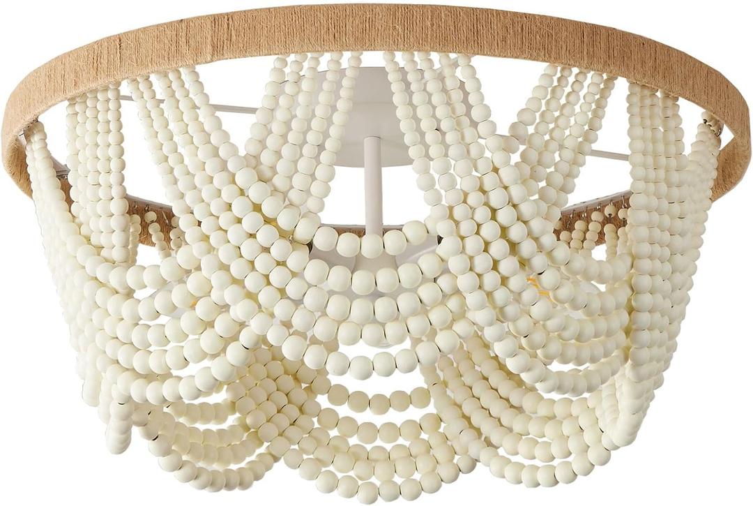 20-inch White Boho Chandelier Large Wood Beaded Flush Mount Ceiling Light with Hand-Woven Shade for Bedroom, Bedroom, Living Room, Nursery Room 5-Lights