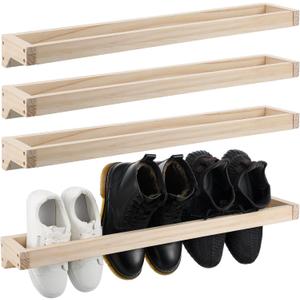 Wenqik 4 Pcs Wall Mounted Shoe Rack 30 Inch Rustic Wood Wall Hanging Shoe Rack Space Saving Footwear Holder Shoe Storage Organizer for Mudroom, Entryway, Closet (Wood Color)
