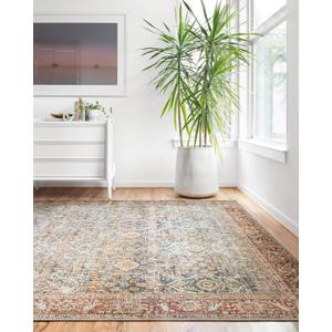 Loloi Layla Collection LAY-04 Ocean/Rust 9" x 12" .13" Thick Area Rug, Soft, Durable, Vintage Inspired, Distressed, Low Pile, Non-Shedding, Easy Clean, Printed, Living Room Rug