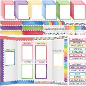 90 Pcs Science Fair Board Supplies 60 Trim Scalloped Bulletin Board Borders 24 Presentation Board Subtitles 6 Science Fair Titles for Classroom Display Boards (Watercolor)