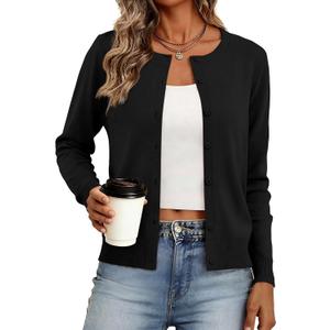 Women's Cardigan Sweaters Lightweight Crew Neck Button Down Long Sleeve Spring Outfits Fashion Clothing 2026 (Large, Black)