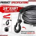 Synthetic Winch Rope Kit 3/8 x 50 ft Winch Line with 13,348 Pounds Bearing Load, 3/8 Forged Hook with Protecting Sleeve Rubber Stopper Safety Pull Strap Cable Replace Kit for ATV UTV Vehicle