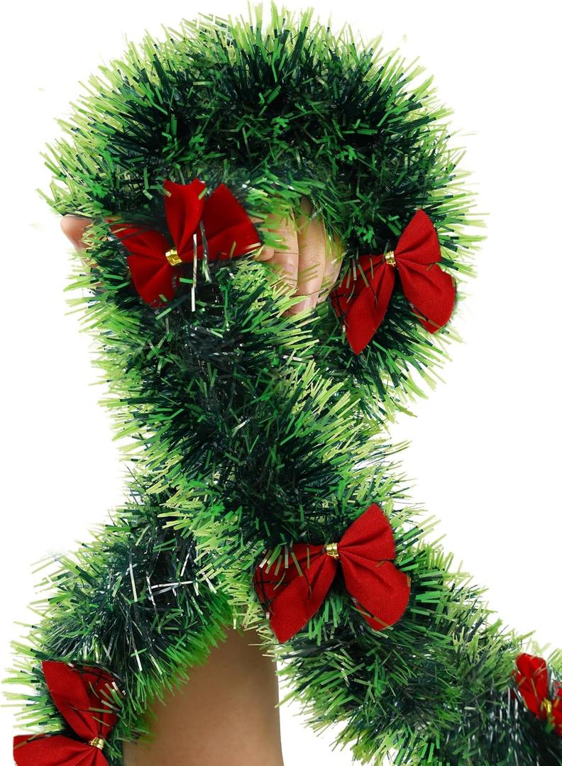 Christmas Tinsel Garland with Light Green Tips (Total 29.7FT) and 27 Red Bows, Festive Pine Garland for Staircase Fireplace Mantle Xmas Tree and Home Party Decor (9.9FT * 3PCS)