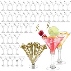 CALBODE 50 Pack Plastic Martini Glasses Sets for New Year Party 7oz Clear Cocktail Glasses with Sticks Plastic Disposable Cups Perfect for Wine, Appetizers, Btirhday Wedding and All Events100pcs
