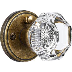Glass Door Knobs Interior with Lock, Vintage Crystal Privacy Antique Brass Octagon Door Knobs for Bedroom Bathroom, 1 Pack