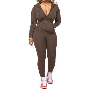 AUXDIO Women 2 Piece Outfits Casual Workout Sets Bodycon Tracksuit Zip Up Long Sleeve Hoodle Jacket Jogger Pants Set (Small, Coffee)